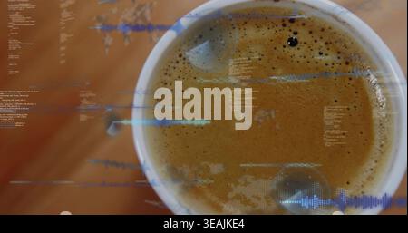 Displaying white ceramic cup of espresso on warm wooden tabletop, showing crema, waveform overlays Stock Photo