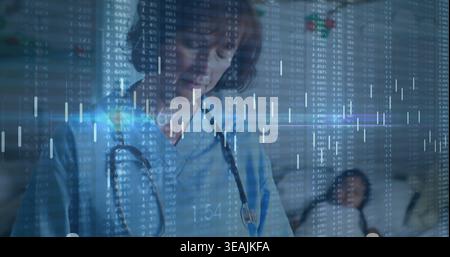 Standing nurse in light-blue scrubs over hospital bed, checking girl with stethoscope and overlay Stock Photo