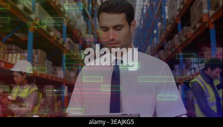 Checking supervisor in white shirt and tie tapping tablet near shelving and boxes, with AR overlays Stock Photo