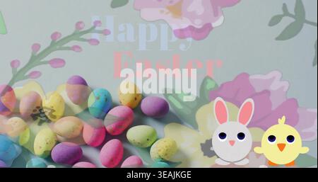 Showing Easter card with pastel speckled eggs, rabbit and chick, floral backdrop, Happy Easter text Stock Photo