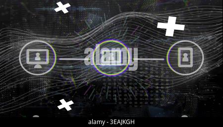 Displaying central node pulsing with chromatic halo in dark network, showing monitor laptop icons Stock Photo