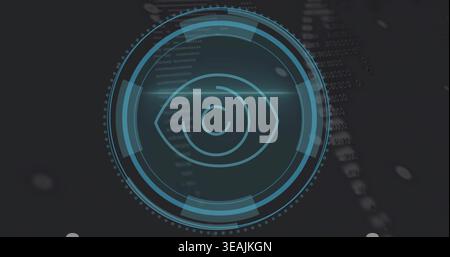 Glowing cyan-blue circular HUD pulsing in dark virtual field, showing eye, rings, arcs, lens flare Stock Photo