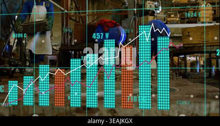 Showing translucent data overlay covering workshop, two workers in apron and gloves inspecting gear Stock Photo