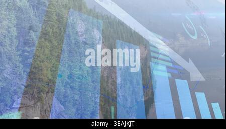 Displaying semi-transparent blue bar chart with downward arrow over mountain lake, showing gauge Stock Photo