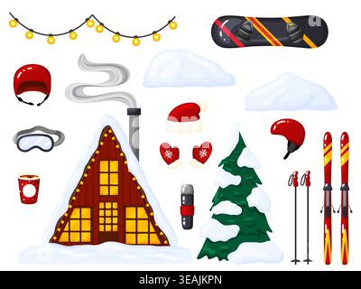 Cartoon vector illustration set of ski resort elements including chalet, skis, snowboard, helmets, goggles, mittens, thermos, pine tree, snow drifts, Stock Vector