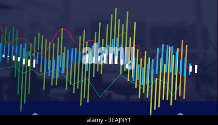 Displaying multicolored bars and overlaid line plots over blurred office interior, navy strip Stock Photo