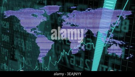 Displaying purple world map centered on digital dashboard, showing teal chart, teal bar and tickers Stock Photo