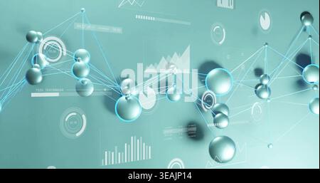Floating glossy spheres linked by glowing lines pulsing on teal backdrop, showing gauges and data Stock Photo