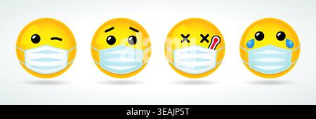 Set of funny emoticons with medical masks Stock Vector