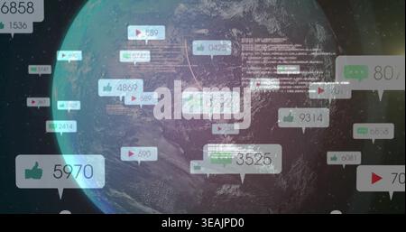 Rotating planet Earth in space showing floating bubbles, thumbs-up and play icons, code fragments Stock Photo