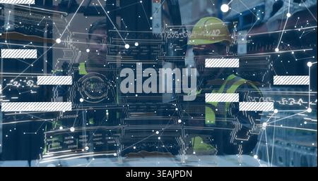 Inspecting two men wearing safety vests and yellow hard hat, viewing tablet AR diagnostics at site Stock Photo