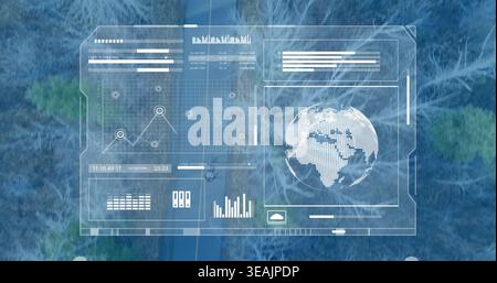 Displaying translucent HUD overlaying trees and narrow road from top-down, with globe and grid Stock Photo