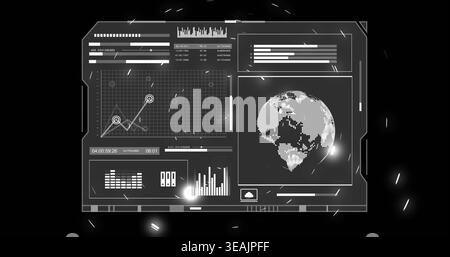 Displaying futuristic dashboard showing telemetry in HUD with graph grid, globe, waveform, timecode Stock Photo