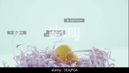 Resting yellow egg on shredded lavender paper, mint studio with Add Friend label and mouse cursor Stock Photo