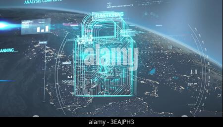 Floating cyan holo padlock wireframe hovering above night planet, displaying circuit keyhole HUD Stock Photo