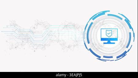 Displaying circular blue HUD housing monitor icon with shield checkmark on white canvas, copy space Stock Photo