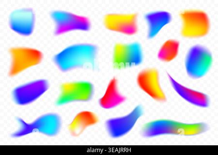 Blurred gradient colored shapes on white background. Fluid liquid mesh vector elements with holographic effect. Soft aura gradation graphic. Bright Stock Vector