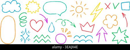Crayon chalk pencil line element set. Doodle cute sun and cloud. Sketch oval and arrow. Marker lightning. Kid color crayon drawing. Vector Stock Vector