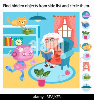 Find hidden objects from side list and circle them cozy room game. Grandmother reads book in armchair while cute pink robot girl helps in home Stock Vector