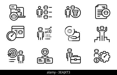 Agentic AI icon set featuring autonomous artificial intelligence agents for business workflow automation smart task management digital workforce Stock Vector