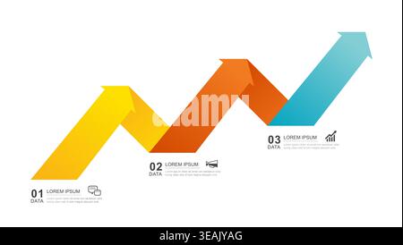 Infographic business growth process template with three steps and rising arrow design. Stock Vector