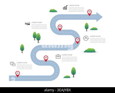 Roadmap infographic business journey process with five steps map pins and trees design. Stock Vector