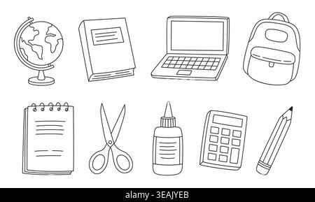 Hand drawn doodle school supplies and office stationery icon set. Stock Vector