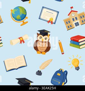 Seamless pattern with cute wise owl and school supplies Stock Vector