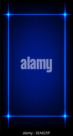 Abstract tech border with glowing blue light streaks and star flares on dark background for vertical screen Stock Vector