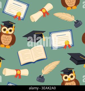 Academic graduation seamless pattern with owls and certificates Stock Vector