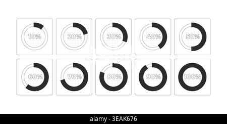 Circular progress with percentage levels 10 to 100 modern line style data visualization element set Stock Vector