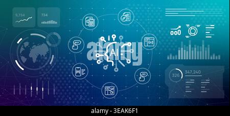 Artificial intelligence AI trading dashboard concept financial icons for automated buying and selling on global stock market analytical charts for Stock Vector