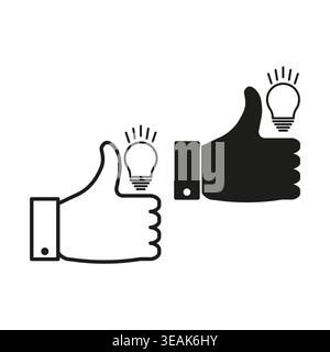 Like hand gesture and glowing idea light bulb vector set. Ideal for business innovation branding and startup success graphics. EPS 10. Stock Vector