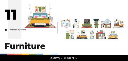 Eclectic home interior furniture cartoon flat illustrations bundle Stock Vector
