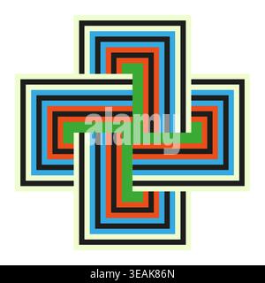 Geometric colorful interlocking cross vector. Modern graphic symbol represents global unity and complex structures for branding. EPS 10. Stock Vector