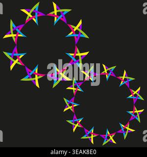 Colorful star wreaths form circular geometric patterns vector. Vibrant frames enhance festive posters and creative branding designs. EPS 10. Stock Vector