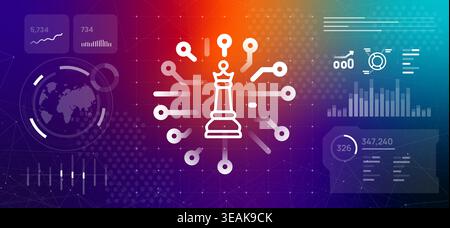 Artificial intelligence AI strategy and business leadership concept with digital chess king icon circuit data visualization dashboard smart decision Stock Vector