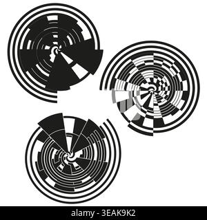 Abstract black geometric spiral motifs set in vector format. Perfect for futuristic tech branding and data visualization graphics. EPS 10. Stock Vector