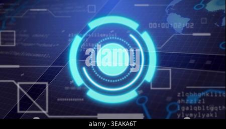 Rotating cyan concentric HUD hovering over dark grid plane, showing code strings, timer, map. Interface, holographic, neon, futuristic, circuitry, das Stock Photo