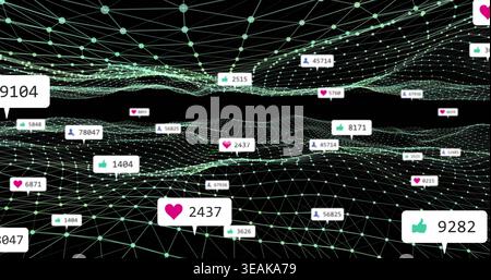 Floating 3D mesh, sitting in dark void, displaying heart 2437 and thumbs-up 9282 with teal nodes. Network, topology, data, visualization, metrics, eng Stock Photo