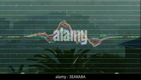 Displaying multicolored waveform centering over hazy coastal skyline, with green grid ticks. Visualization, data, neon, urban, cityscape, haze, analyt Stock Photo