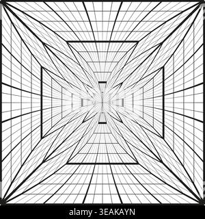 Abstract geometric perspective tunnel grid vector. Monochromatic linear pattern creates depth for modern creative backgrounds. EPS 10. Stock Vector