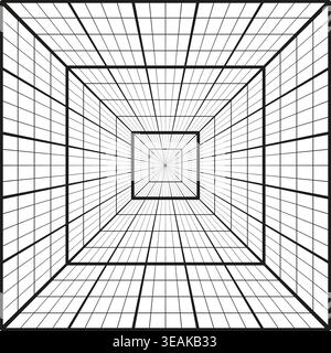 Perspective tunnel grid wireframe design vector. Infinite geometric lines create deep spatial depth for architectural art. EPS 10. Stock Vector