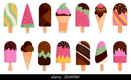 Flat Ice Cream Cartoon Dessert Collection. Colorful vector ice cream. Summer sweet dessert, waffle cones, popsicles set.  Stock Vector