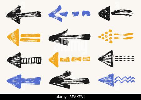 Hand drawn grunge textured arrows set. Doodle brush stroke bold creative arrows collection. Vector thick paint stroke arrows pointing left. Straight Stock Vector