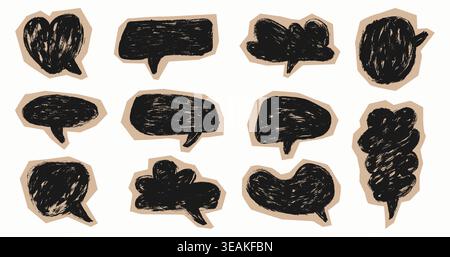 Grunge Collage Speech Bubbles Scrapbook Set. Doodle brush stroke sticker collage chat boxes. Chalk texture communication balloons stickers vector set Stock Vector