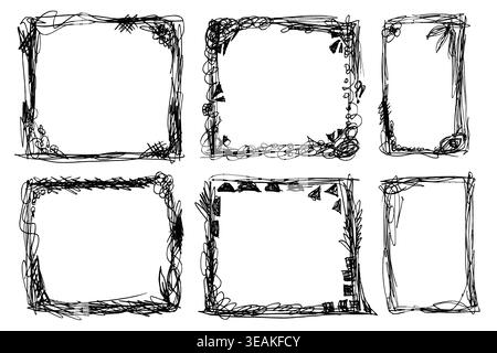 Doodle Scribble Frames and Border Boxes. Chaotic lines frames. Hand drawn abstract sketch lines crayon frame boxes. Rectangle and Square Vector Shapes Stock Vector