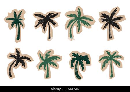 Grunge Scrapbook Palm Trees Set. Doodle collage brush stroke tropical palm set. Vector chalk textured palm trees stickers set.  Stock Vector