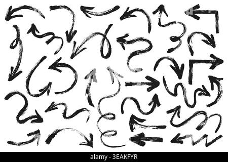 Grunge Curved Doodle Arrows Set. Swirl brush stroke marker drawn arrows. Chalk rough hand drawn pointers. Vector charcoal scribble directional signs Stock Vector