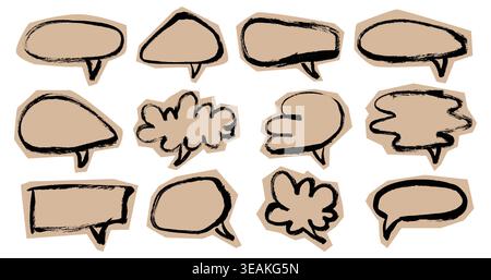 Grunge Outline Scrapbook Collage Speech Bubbles Set. Doodle brush stroke sticker collage chat boxes. Chalk texture communication balloons stickers Stock Vector